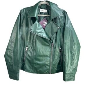 Ava & Viv Moto Jacket Womens 1X Green Faux Leather Asymmetric Zip Long Sleeve